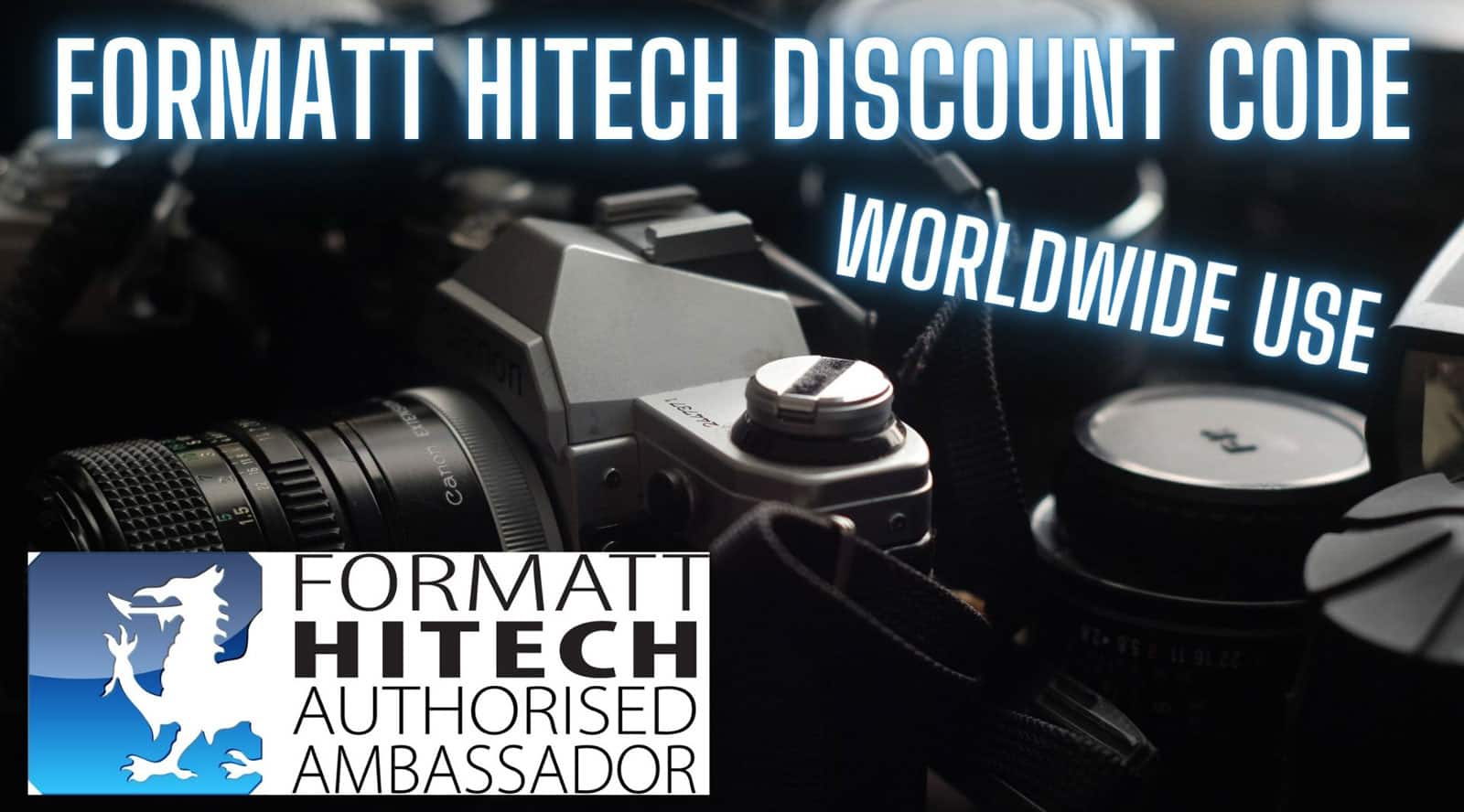Formatt Hitech Logo and discount code text with a camera.