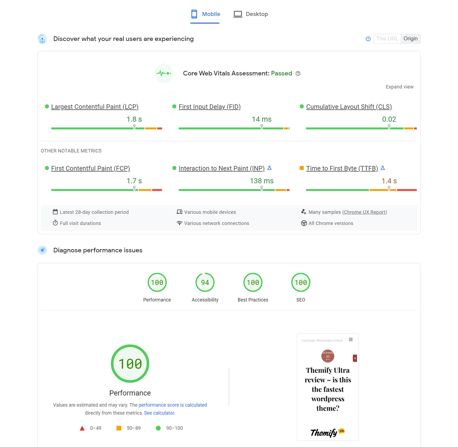 Themify Ultra Review Google page speed insights score screenshot