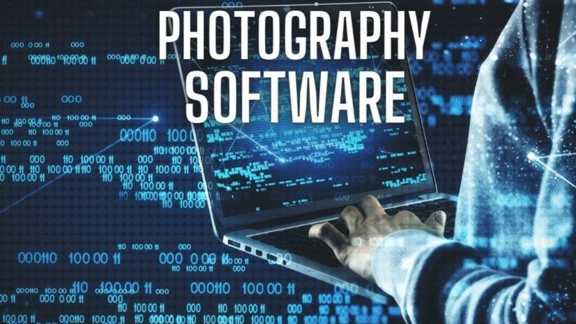 Test saying Photography Software with a man holding a laptop.
