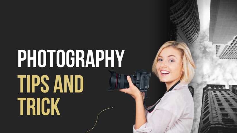 Woman holding a camera with the words Photography Tips and tricks